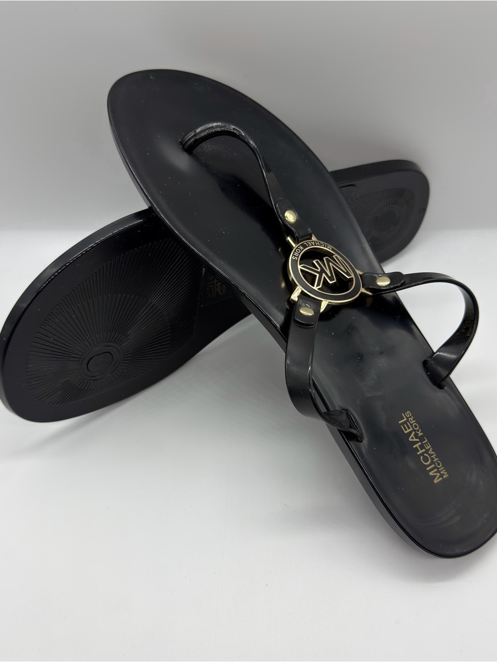 Michael Kors Black Jelly Logo Thong Sandals with Gold Emblem Size 11